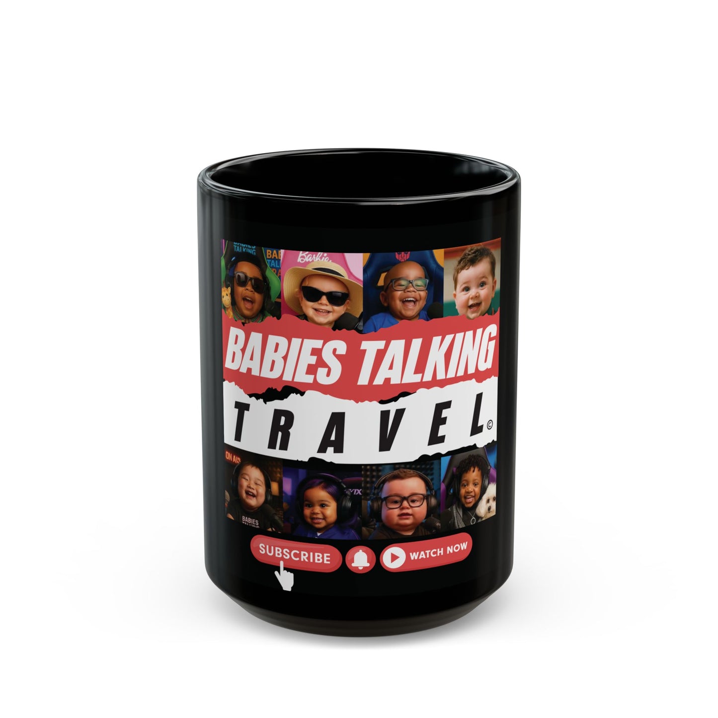Babies Talking Travel - Characters Panel #2 Black Mug (15oz).