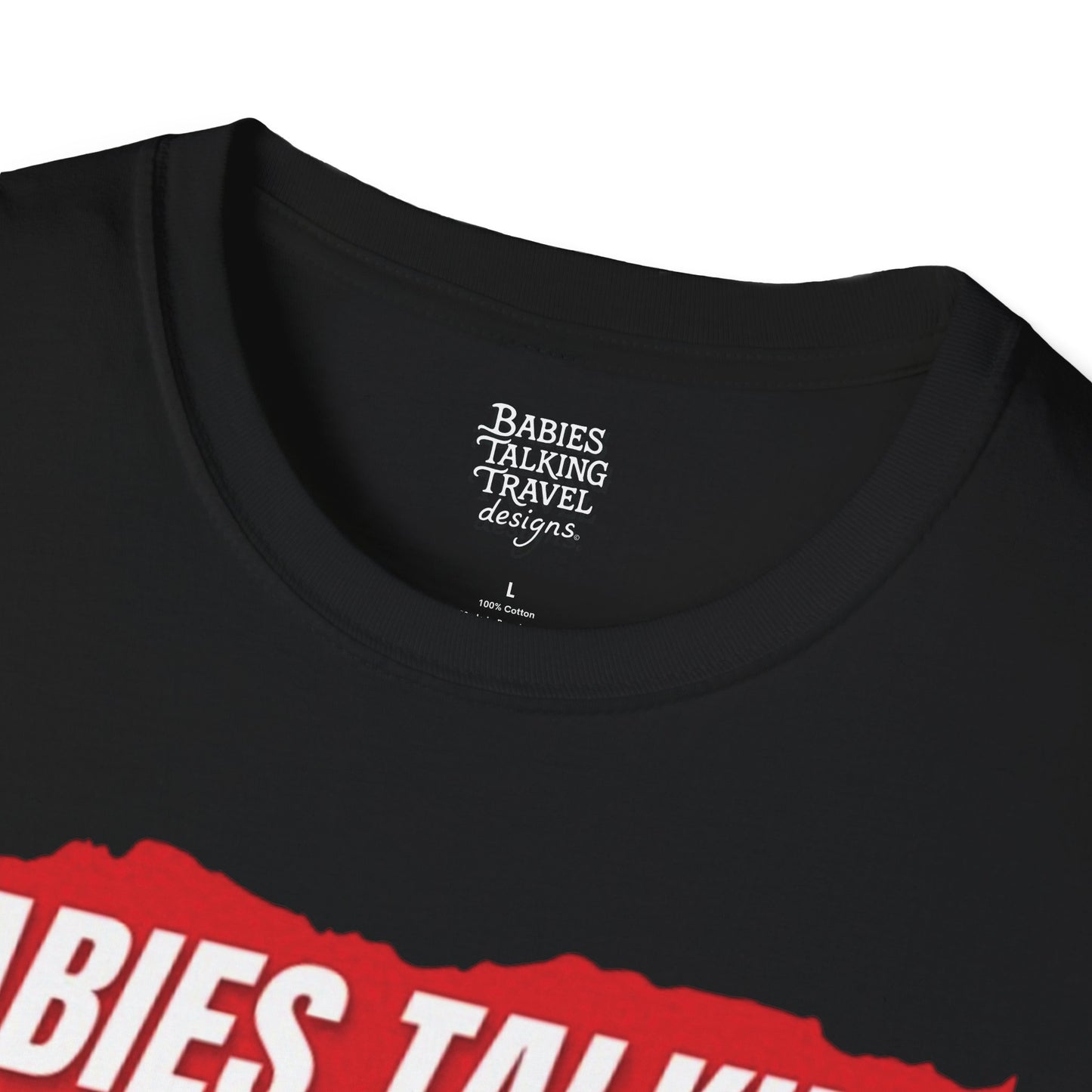 Babies Talking Travel Logo design -  Soft Black Unisex style T-Shirt.