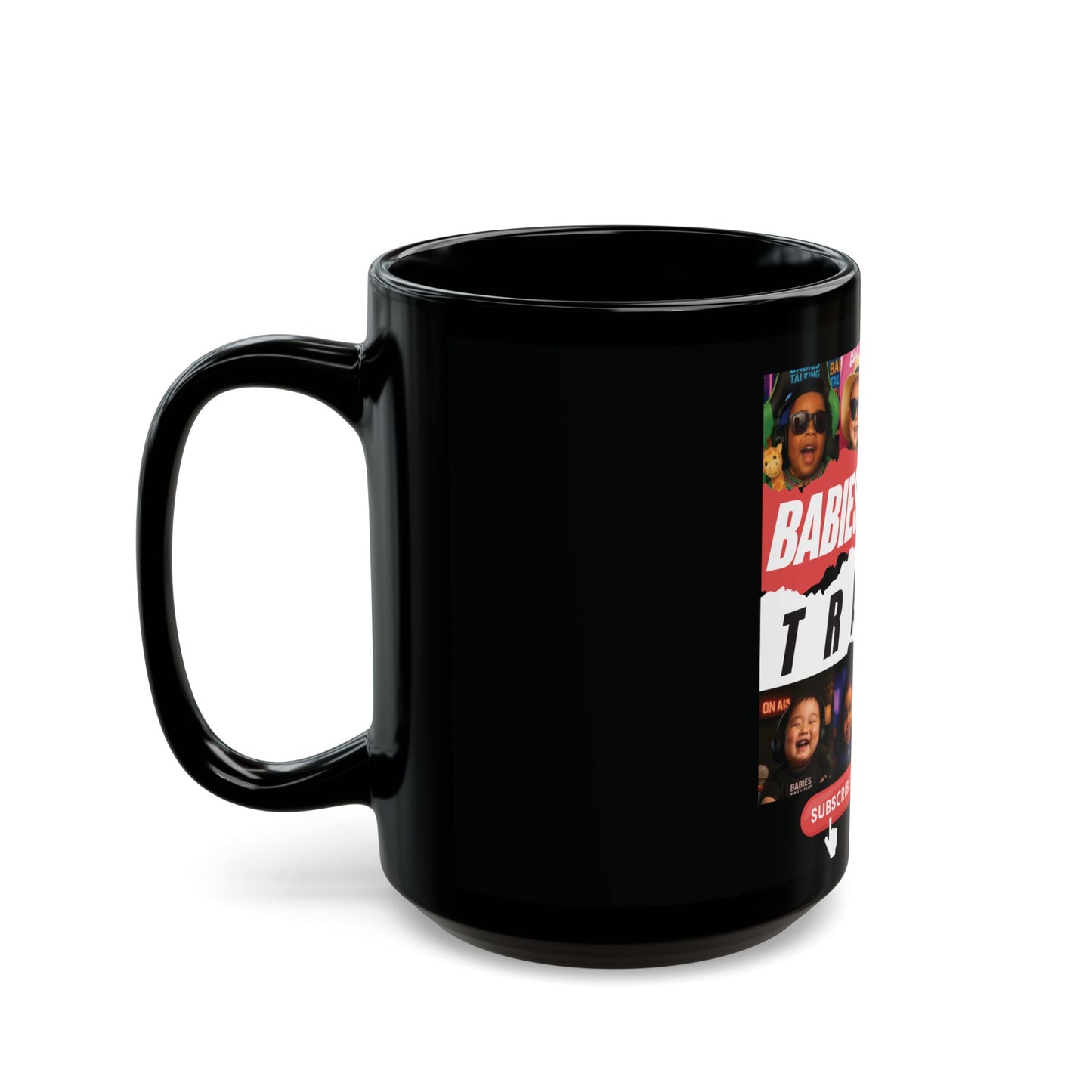 Babies Talking Travel - Characters Panel #2 Black Mug (15oz).