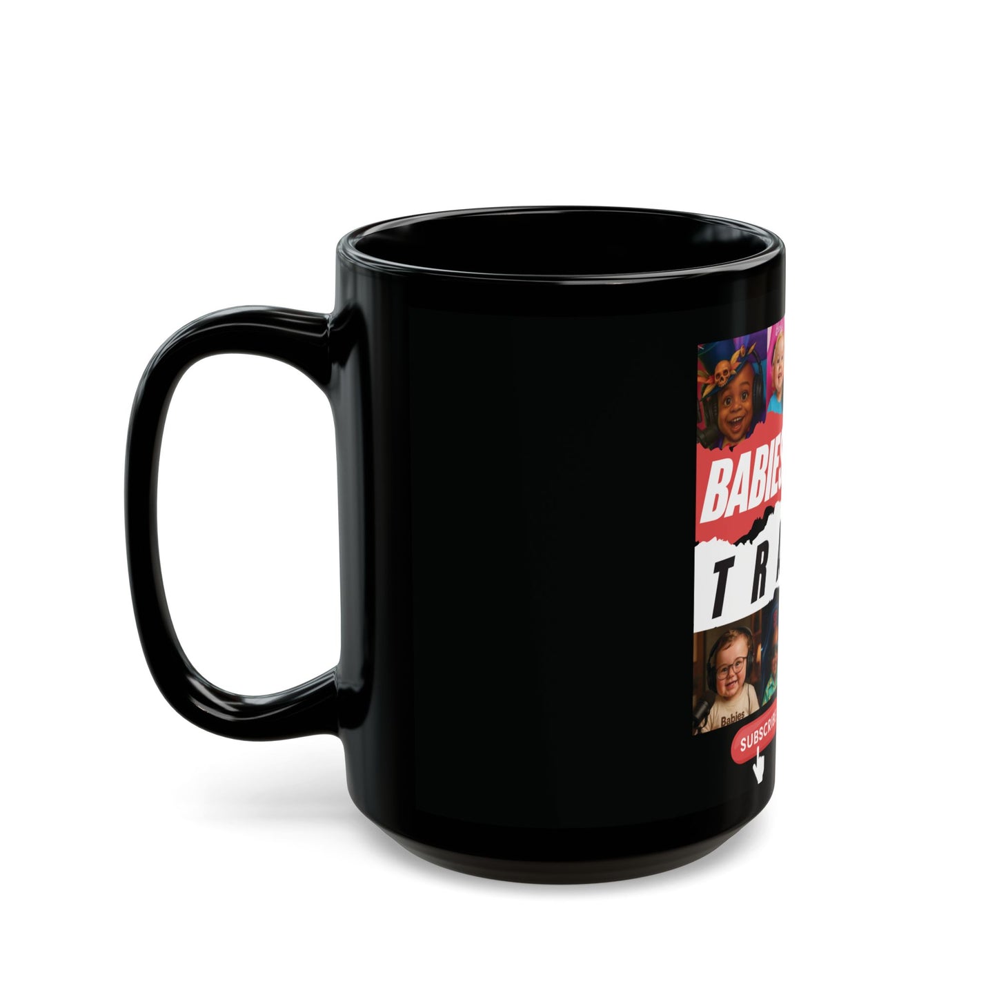 Babies Talking Travel - Characters Panel #1 Black Mug (15oz).