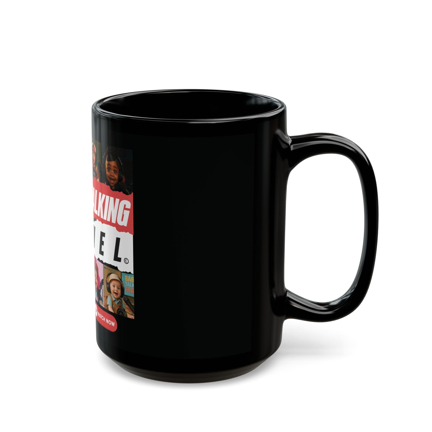 Babies Talking Travel - Characters Panel #1 Black Mug (15oz).