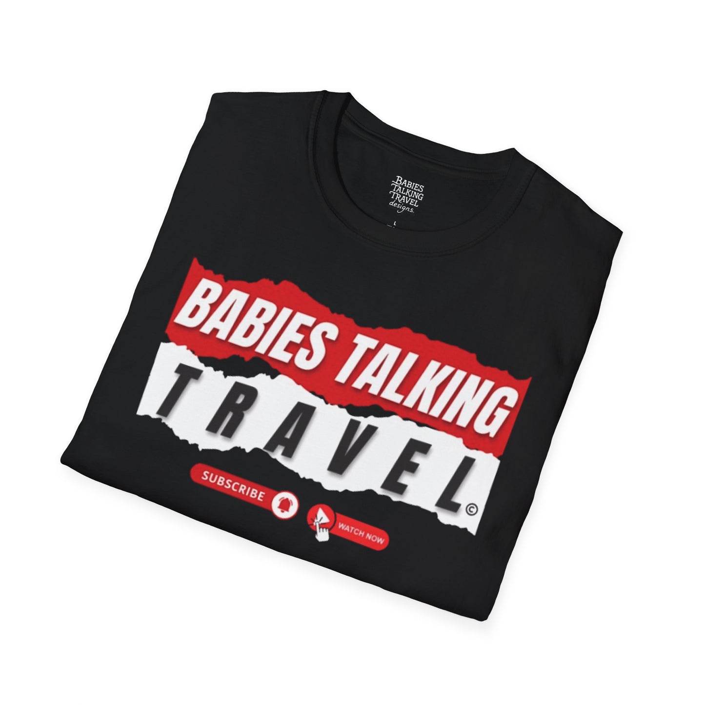Babies Talking Travel Logo design -  Soft Black Unisex style T-Shirt.