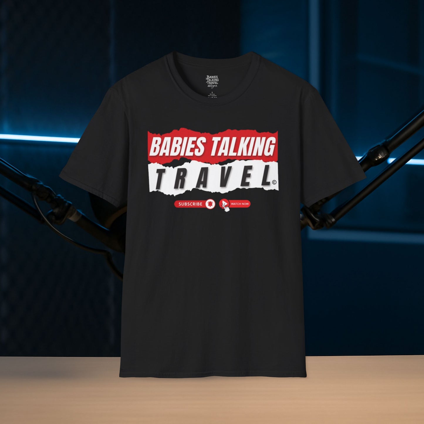 Babies Talking Travel Logo design -  Soft Black Unisex style T-Shirt.