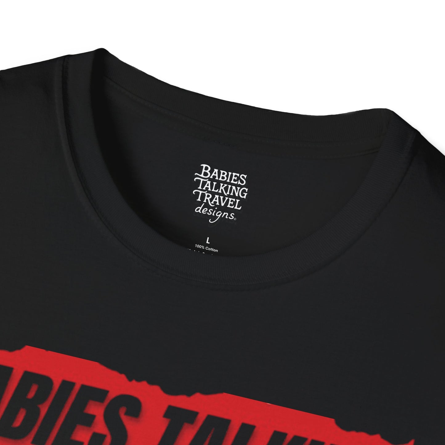 Babies Talking Travel Logo - Dark mode Unisex Soft T-Shirt.
