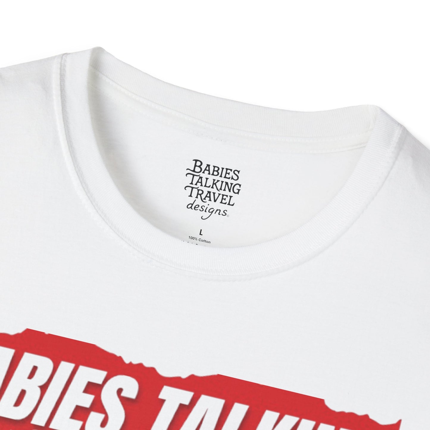 Babies Talking Travel Logo design - Soft White Unisex style T-Shirt.