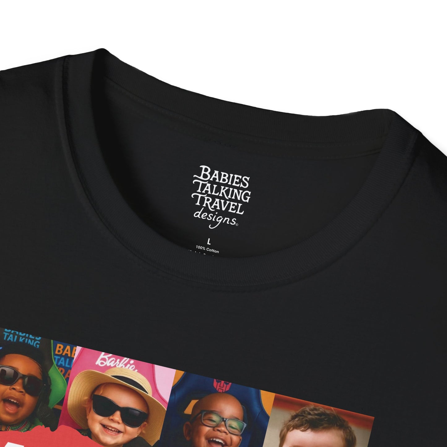 Babies Talking Travel – 8 Characters Adult Black Classic Fit Tee.