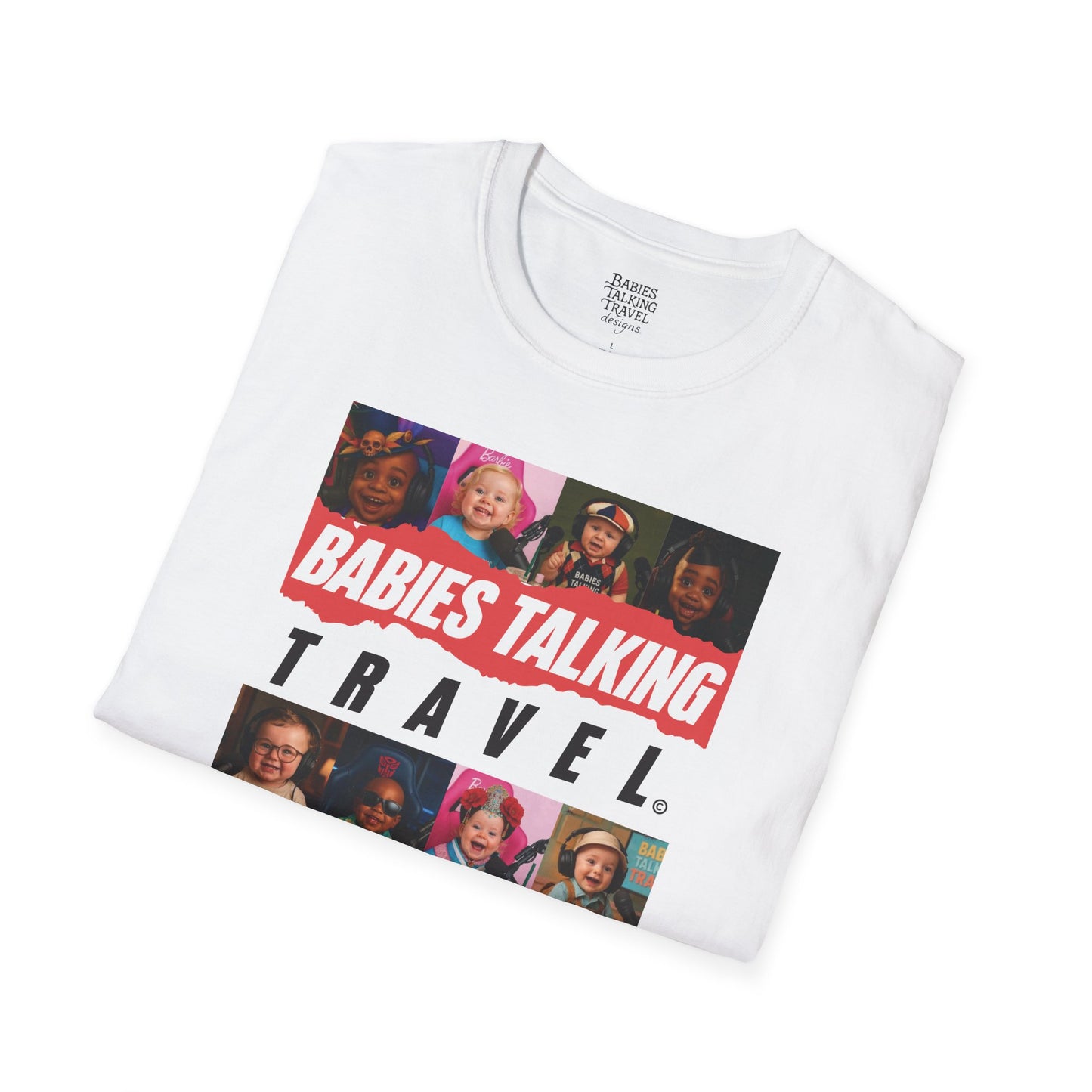 Babies Talking Travel – 8 Characters Adult White Classic Fit Tee.