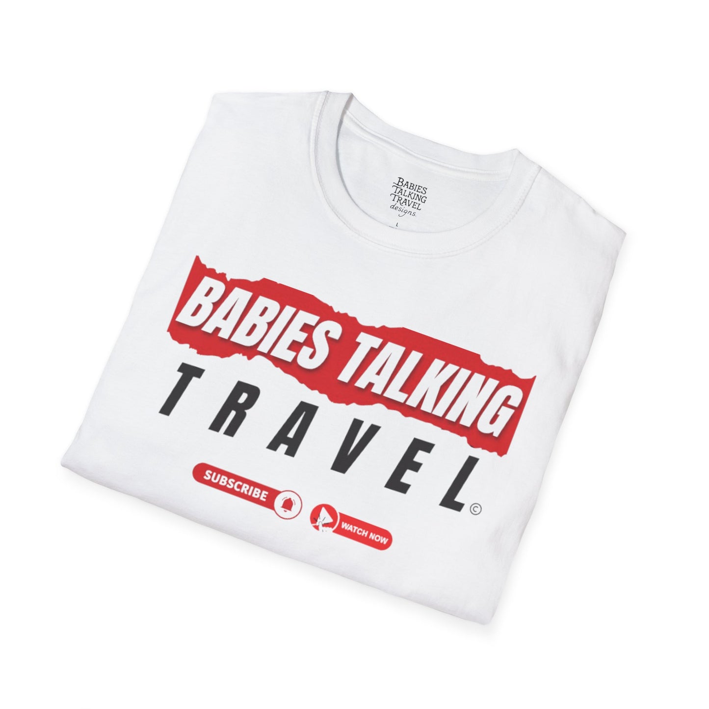 Babies Talking Travel Logo design - Soft White Unisex style T-Shirt.
