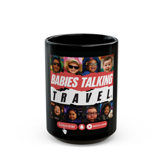 Babies Talking Travel - Characters Panel #2 Black Mug (15oz).