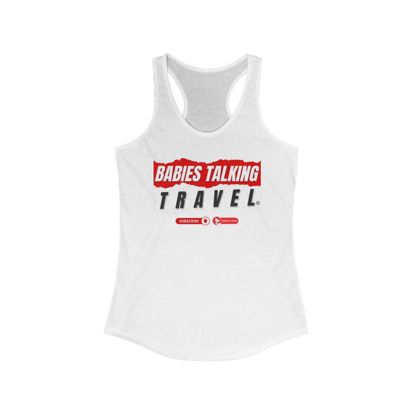 Babies Talking Travel – Women’s Racerback "White" Tank (Channel Logo Edition).