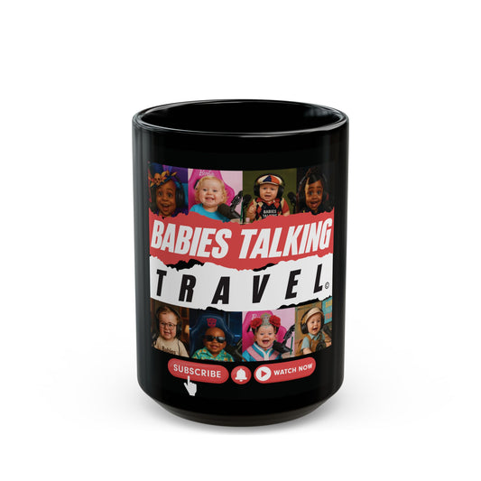 Babies Talking Travel - Characters Panel #1 Black Mug (15oz).