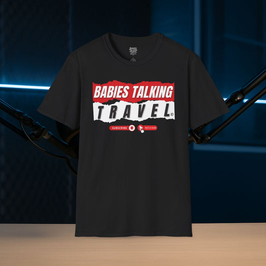 Babies Talking Travel Logo design -  Soft Black Unisex style T-Shirt.