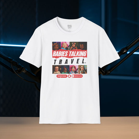 Babies Talking Travel – 8 Characters Adult White Classic Fit Tee.