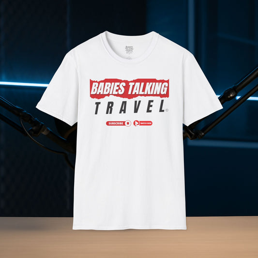Babies Talking Travel Logo design -  Soft White Unisex style T-Shirt.